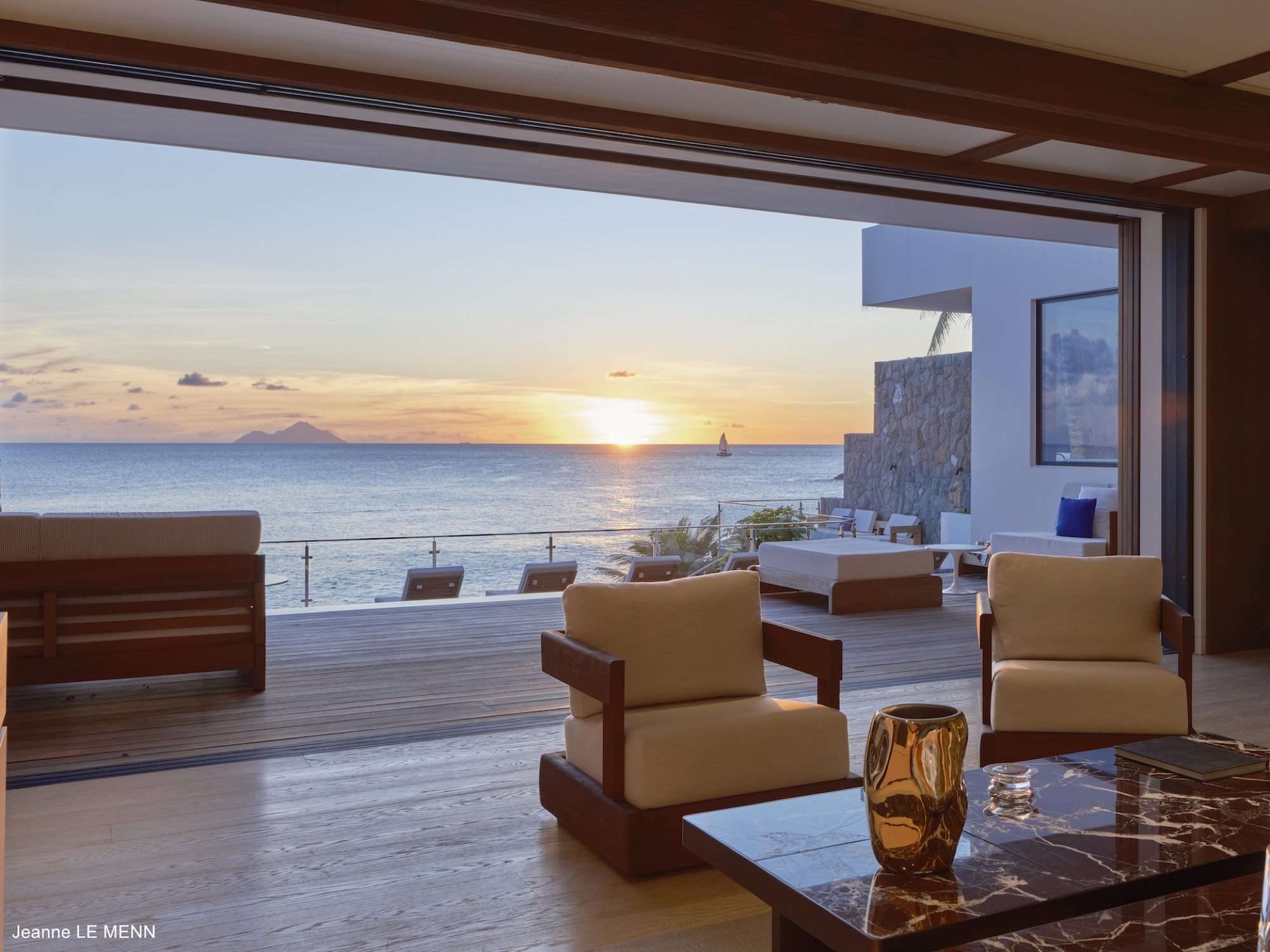 Living room of a St. Barth villa at sunset