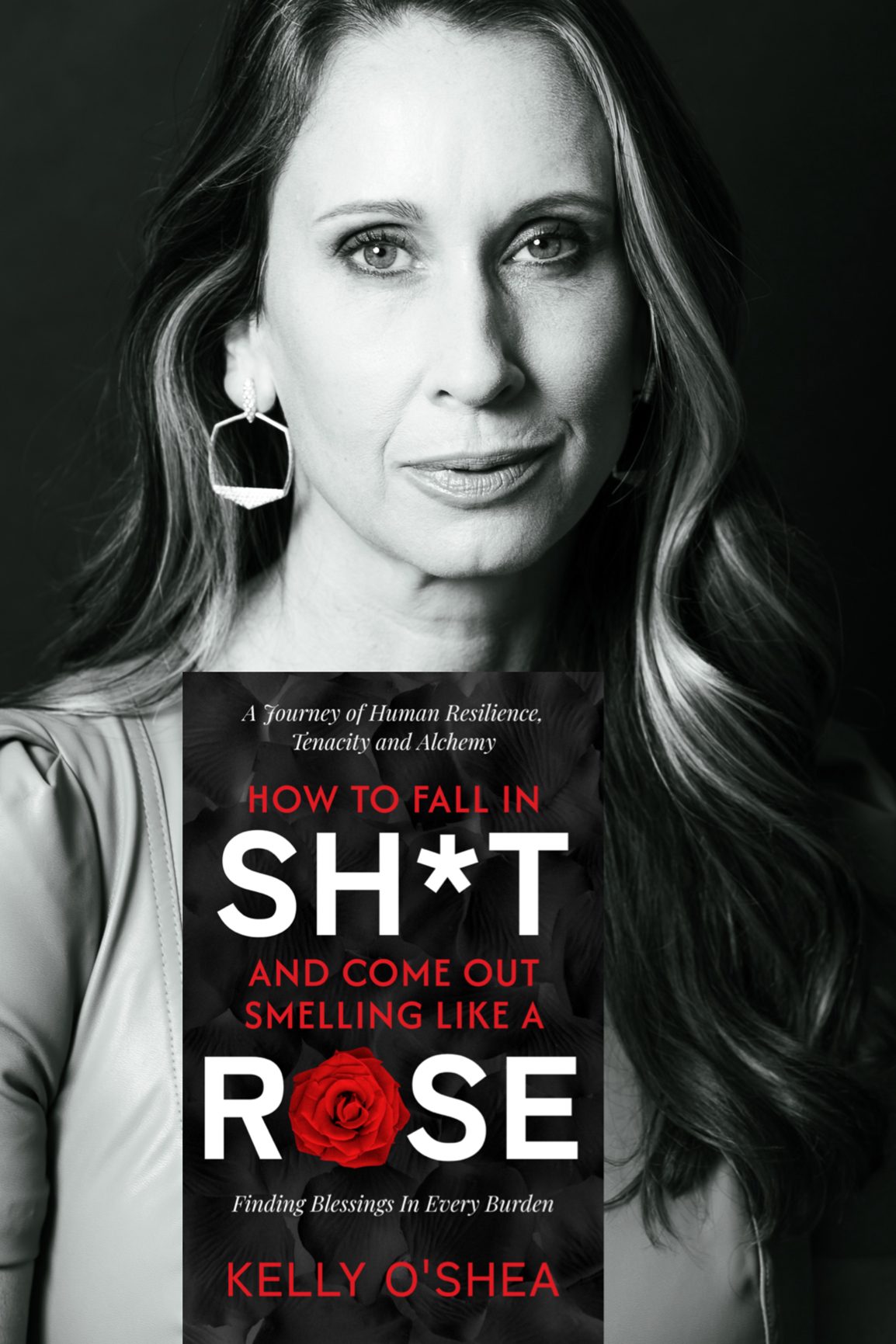Black-and-white portrait of Kelly O’Shea with the cover of her memoir