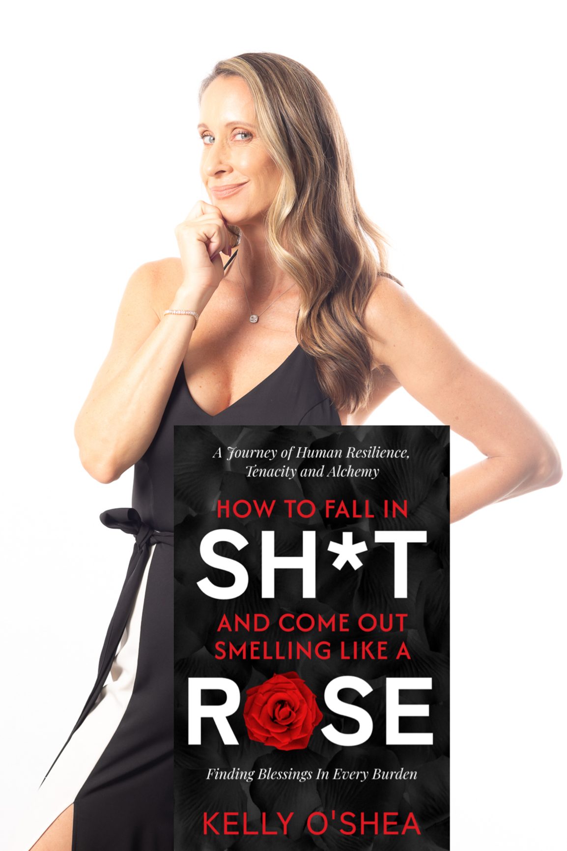 Kelly O’Shea with the cover of her memoir on a white background